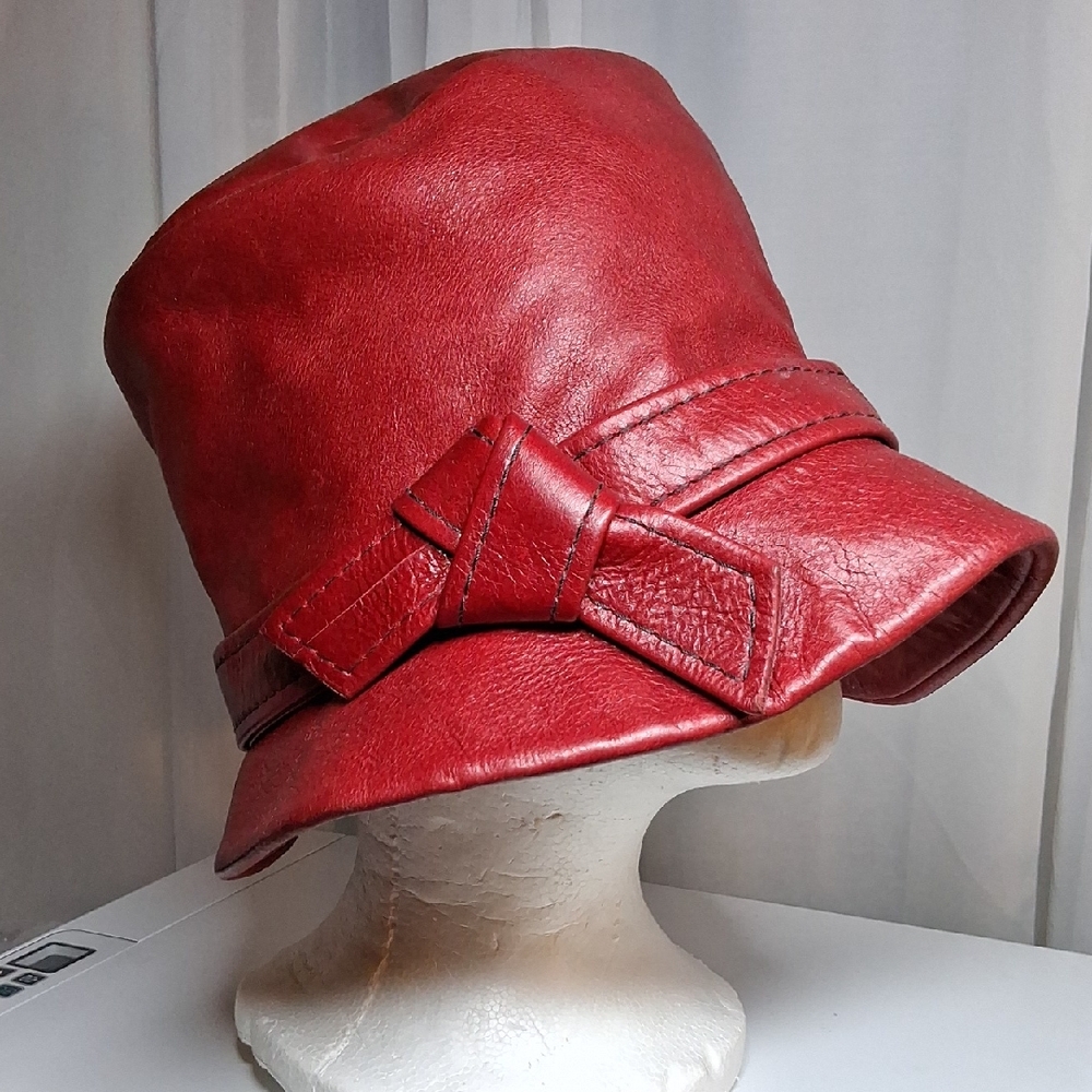 Unique Vintage Chic Red Leather Women's Bucket Hat with Bow Detail so 60th